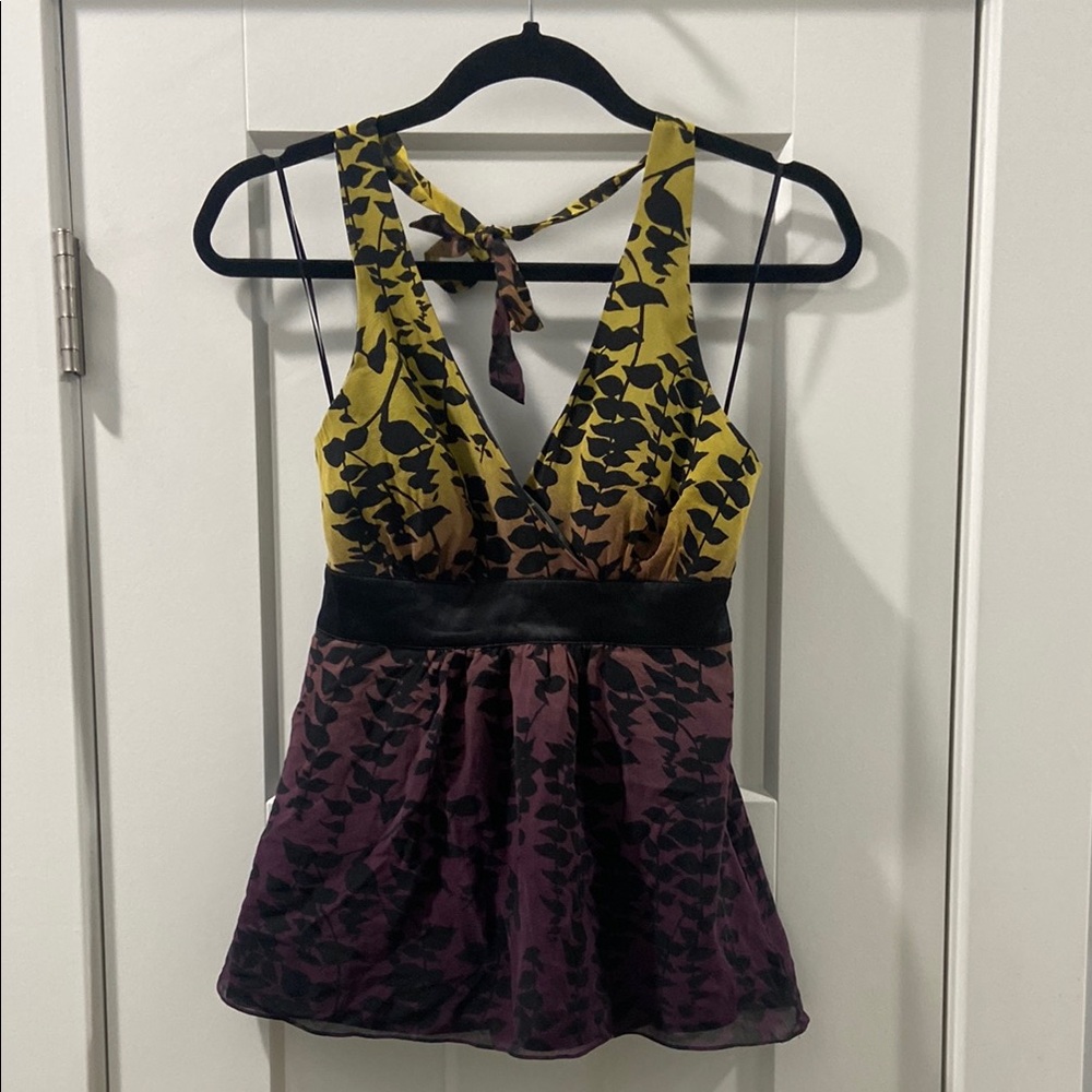 Y2K Express Purple and Yellow 100% Silk Chiffon Halter top Size 0 clubbing y2k